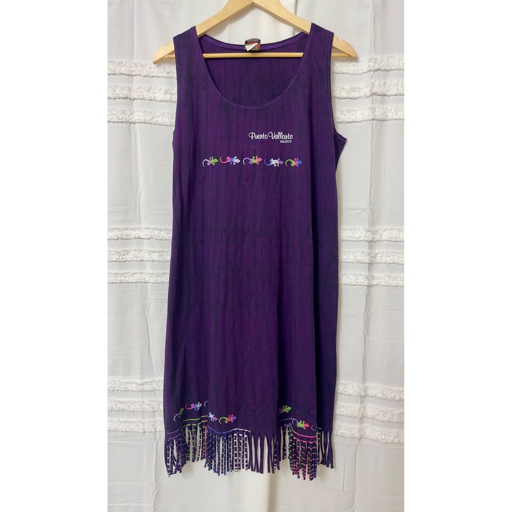 Neon Mexico Puerto Vallarta Gecko Tie Dye Fringe Beach Cover Up Dress Purple‎ L